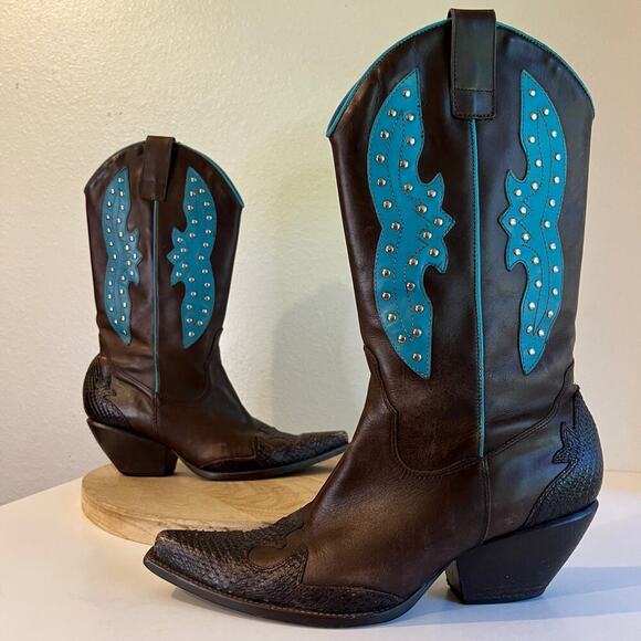 BCBG Y2K Brown Genuine Leather Studded Western Turquoise Boots Size 8.5 - Picture 16 of 16